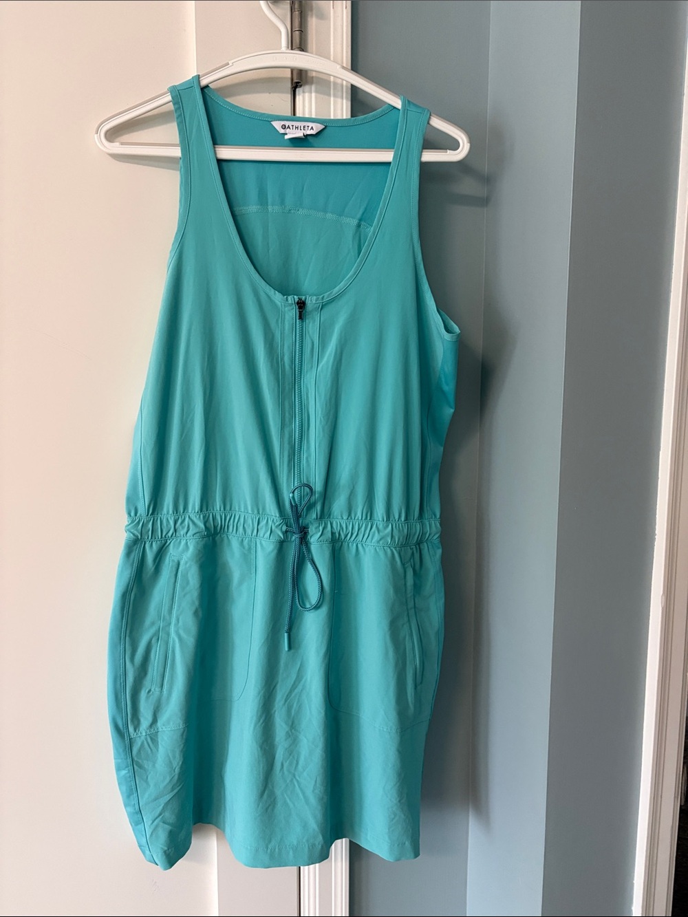 Athleta Teal Zip-Front Drawstring Tank Dress